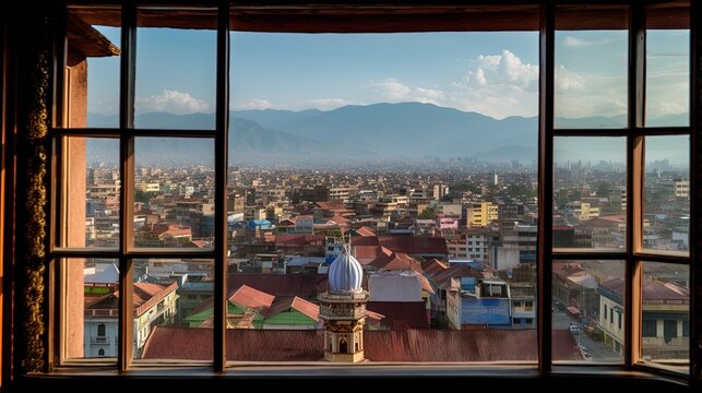 "Summer in Kathmandu: Nepal's Royal Palace & Swayambhunath Stupa, Architectural Wonders - Travel to the Heart of Kathmandu Valley, Urban Cityscape with Old Houses, Narrow Alleys, and Balconies