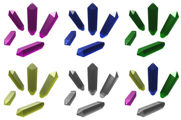 3d illustration of set colored crystals with transparent background, png format, no background.