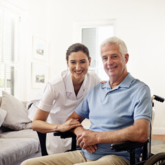Obraz premium Portrait, caregiver and senior man in wheelchair for medical disability, wellness or support in nursing home. Happy nurse helping disabled patient, elderly and healthcare empathy for rehabilitation