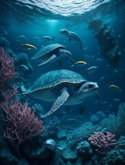 Fototapeta na wymiar Marine ecosystem with turtles 