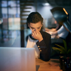 Stress, headache and burnout with a woman programmer working on a laptop in her office for design....