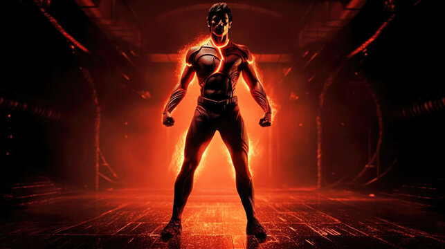 Photo realistic illustration of a superhero powering up for battle. Anatomy and lighting reference. Generative AI.
