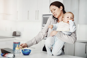 Frustrated, baby and mother busy multitasking in home with phone, food and work or childcare,...