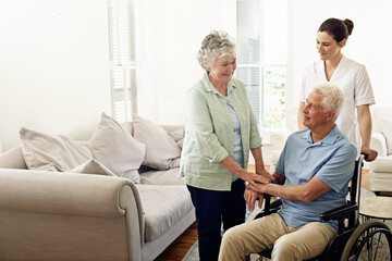 Volunteer, help and old couple with wheelchair, caregiver at nursing home for person with a...