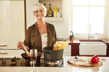 Portrait, cooking or senior woman in kitchen with healthy food for nutrition, wellness or...