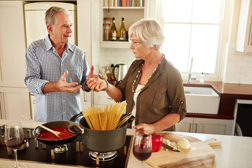Talking, food or old couple in kitchen cooking with healthy vegetables for lunch meal or dinner...