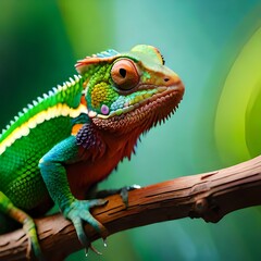 Fototapeta premium Closeup of Chameleon on a branch, Green Chameleon, AI Generative