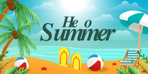 gradient hello summer illustration with slippers, balls, seat, umbrella, starfish, and coconut tree - obrazy, fototapety, plakaty