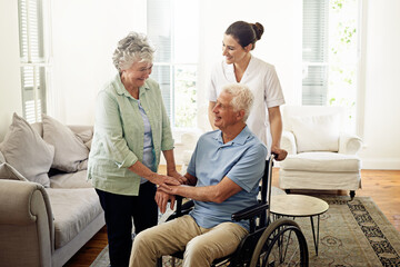 Smile, old man in wheelchair with wife and nurse at nursing home for disability help and...