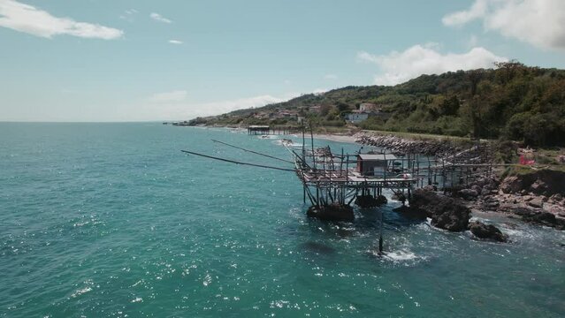 Impressive fishing platforms on stilts on the trabocchi coast Abruzzo 4k drone