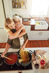 Hug, woman or portrait of happy mother cooking food in healthy diet meal together with love at...