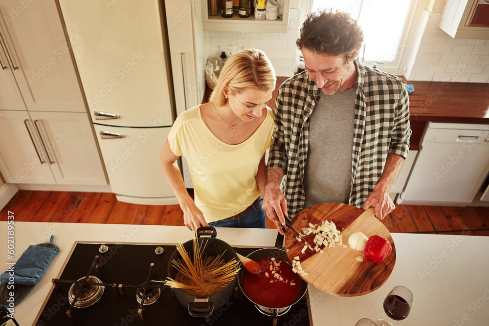 Sticker Top view, food or happy couple in a kitchen cooking with healthy vegetables for dinner meal together at home. Love or woman helping or talking to mature husband in lunch diet preparation in Australia