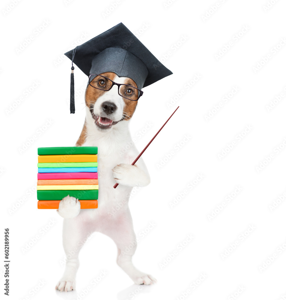 Poster graduated dog holding books and pointing away on empty space. isolated on white background