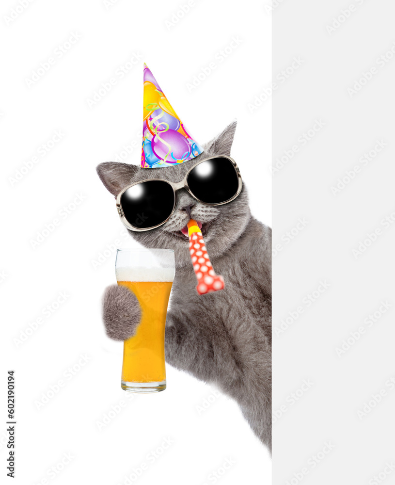 Poster happy cat wearing sunglasses and party cap looks from behind empty white banner and holds glass of b