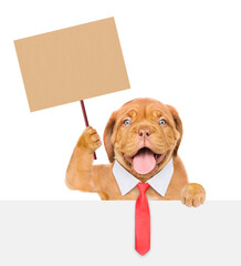 Funny smart Mastiff puppy wearing necktie shows empty placard above empty white banner. isolated on white background