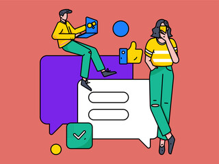 Virtual characters social communication concept business flat vector hand drawn illustration
