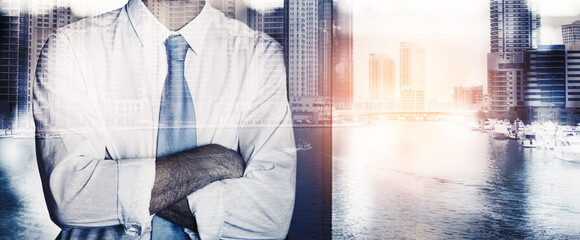 Business man, double exposure and arms crossed by buildings for mockup space, career or 3d overlay...