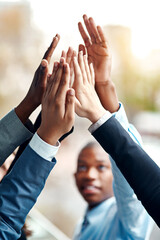 Fototapeta premium Business people, hands and high five for collaboration, success and team building. Group, teamwork and employees with hand together for cooperation, support and solidarity, motivation and celebration