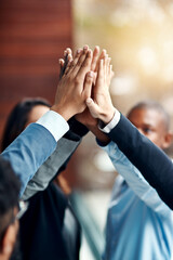 Business people, hands and high five for teamwork, collaboration and team building. Group, solidarity and employees with hand together for cooperation, support and synergy, motivation and celebration