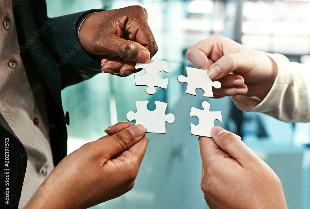 Poster puzzle, team building and hands of business people for strategy, partnership and solution. work, cor