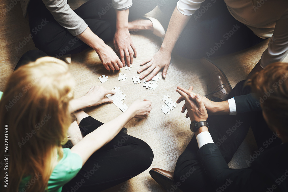 Poster Puzzle, group and people thinking, teamwork and solution, collaboration or workflow in problem solving and challenge. Team building games, project development and women or men in circle brainstorming