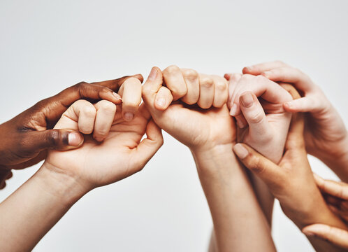 Group, Diversity And Holding Hands Isolated On A White Background For Solidarity, Support And Collaboration. Love, Power And Community Of People And Hand Or Palm Together Sign For Hope, Faith Or Care
