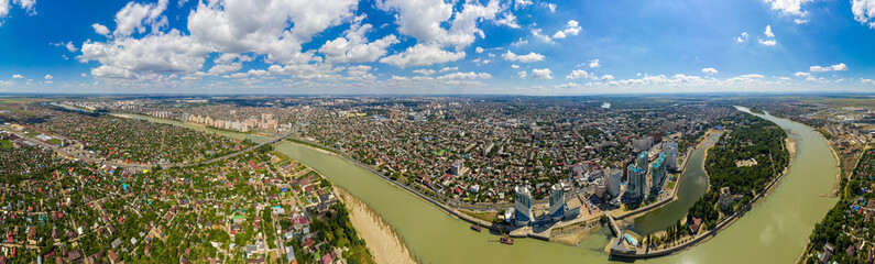 Krasnodar, Russia - August 29, 2020: Aerial panorama of Krasnodar in summer. The Kuban River. Panorama 360 - obrazy, fototapety, plakaty