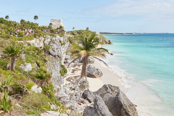 The scenic ruins of Tulum, the only ancient Mayan city built on a cliff above the sea