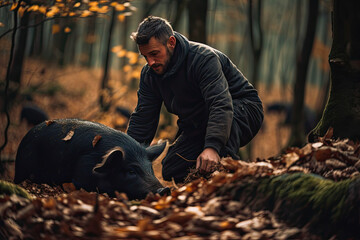Fototapeta premium Man with a pig hunting for truffles in the forest, truffle hog. High quality generative AI