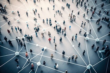 Aerial view of a crowd with a network of connections, generative ai