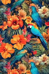 Obraz premium Exotic tropical aesthetic pattern with macaws and flowers in bright colors and lush vegetation, generative AI