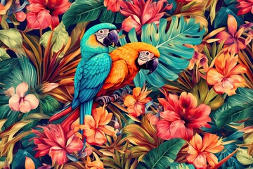 Exotic tropical aesthetic pattern with macaws and flowers in bright colors and lush vegetation, generative AI