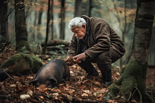 Man with a pig hunting for truffles in the forest, truffle hog. High quality generative AI