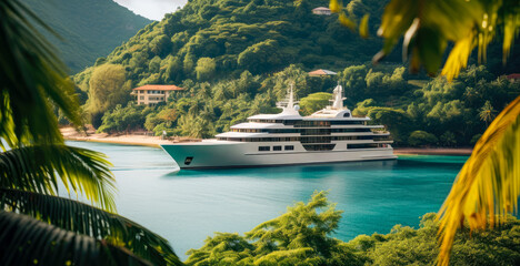 A luxury yacht is anchored in a lagoon during a summer vacation cruise on the ocean. A beautiful way to travel the world (generative AI)