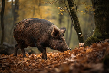 Pig hunting for truffles in the forest, truffle hog. High quality generative AI