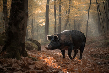 Pig hunting for truffles in the forest, truffle hog. High quality generative AI