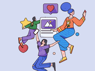 Virtual characters social communication concept business flat vector hand drawn illustration
