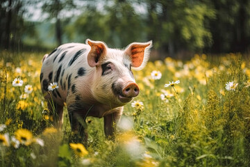 Fototapeta premium Funny pet pig on a meadow on a sunny day. High quality generative AI