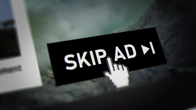 Mouse Cursor Clicking Skip Ad Button on Video on Demand Platform, Fictitious Data Created Exclusively for This Concept Footage
