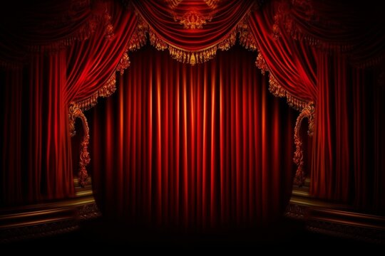 豪華な金装飾の入った赤いカーテン：AI作品
