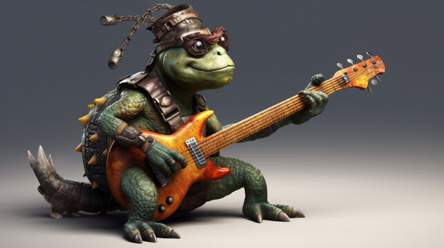 A genetaive AI illustration showing a crazy punk turtle with an electric guitar