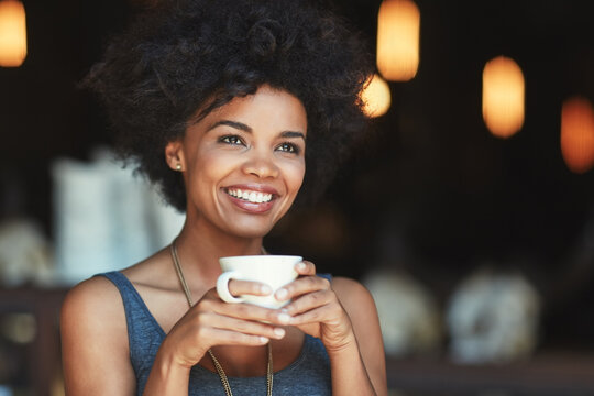 Restaurant, thinking or happy woman with tea cup drink, contemplating and choice of hot chocolate, latte or espresso. Happiness, drinking or female customer relax in coffee shop, store or retail cafe