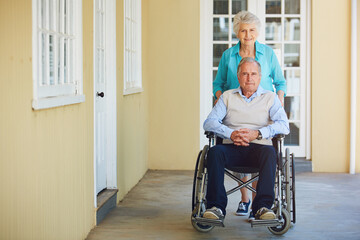 Portrait, old woman or senior man wheelchair in retirement home helping push husband for support. Happy people, mature couple or elderly lady with a mature person with a disability in house