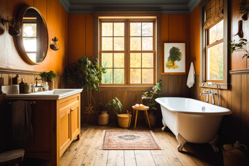 Fototapeta premium Cottagecore styled bathroom with lots of house plants. High quality generative ai