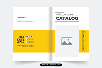 Modern fashion product catalog magazine cover for marketing. Creative fashion brand product catalog cover vector with photo placeholders. Corporate business catalog cover with yellow and dark colors.