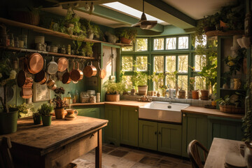 Fototapeta na wymiar Cottagecore style kitchen. High quality generative ai