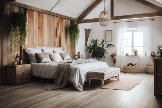 Cottagecore styled bedroom with lots of house plants. High quality generative ai