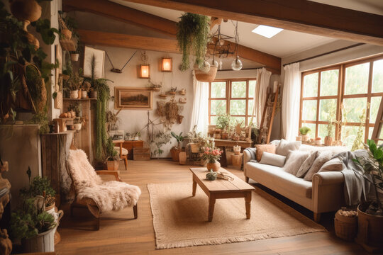 Cottagecore styled living room with lots of house plants. High quality generative ai
