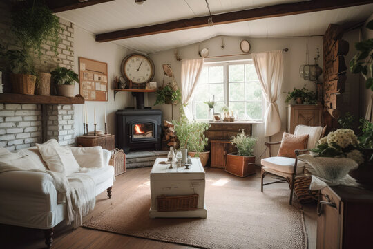 Cottagecore styled living room with wood burning stove. High quality generative ai