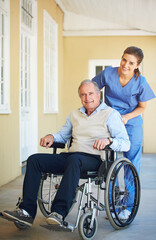 Fototapeta na wymiar Portrait, nurse or happy old man in wheelchair in hospital clinic helping an elderly patient for trust or support. Happy, smile or healthcare caregiver talking to senior person with a disability